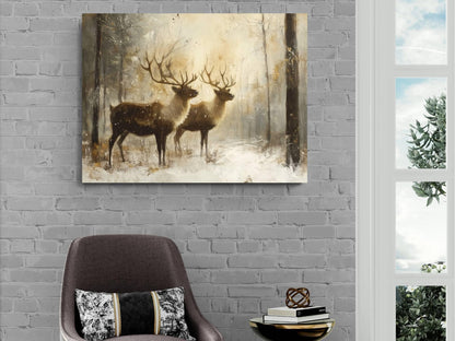 Winter Reindeer Art Print | Rustic Woodland Animals Wall Decor | Snowy Forest Nature Painting | Farmhouse Home | Stag Antler Wildlife
