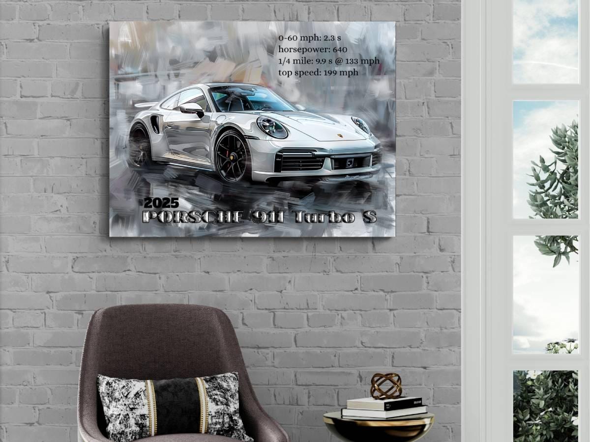 2025 Porsche 911 Turbo S Sports Car Canvas Print with Text | Modern Auto Wall Art Decor | Car Lovers Poster Gift | Legendary Supercar