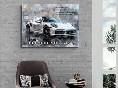 2025 Porsche 911 Turbo S Sports Car Canvas Print with Text | Modern Auto Wall Art Decor | Car Lovers Poster Gift | Legendary Supercar