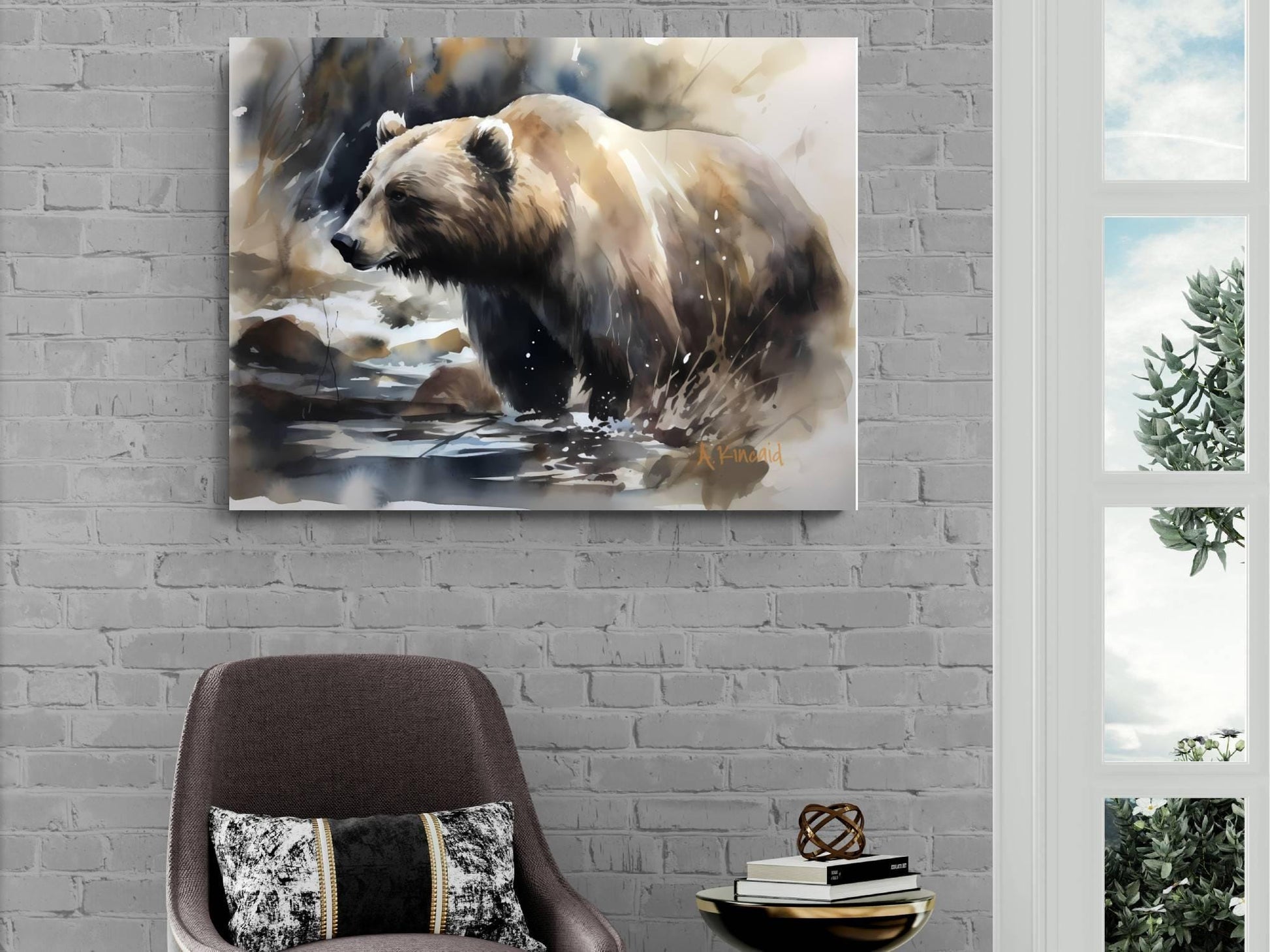 a large painting of a bear in a natural setting, hanging on a brick wall above a brown armchair.