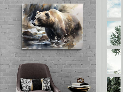 a large painting of a bear in a natural setting, hanging on a brick wall above a brown armchair.