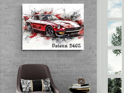 1973 Datsun 240Z Red Canvas Print | Vintage Auto Wall Art Decor | Retro Sports Car | Car Lovers Poster Gift
