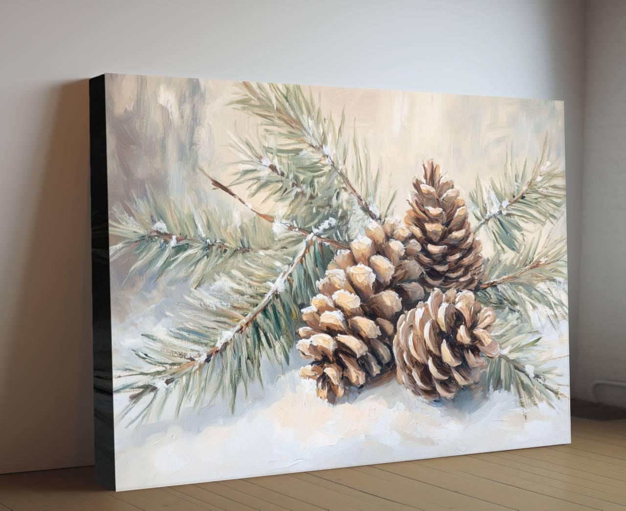 Winter Pine Cones Art Print | Snowy Evergreen Branch Wall Decor | Christmas Nature Painting | Rustic Botanical Art | Holiday Forest Scene