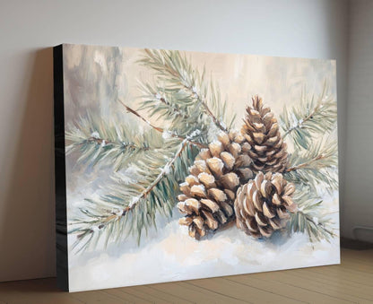 Winter Pine Cones Art Print | Snowy Evergreen Branch Wall Decor | Christmas Nature Painting | Rustic Botanical Art | Holiday Forest Scene
