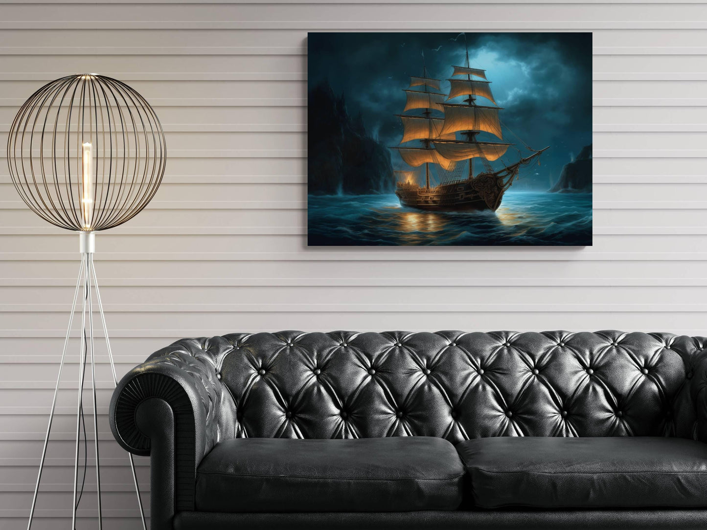 Pirate Ship at Night Canvas Art, Glowing Sails Ocean Print, Dark Nautical Wall Decor, Moonlit Maritime Painting, Sailing Ship Artwork