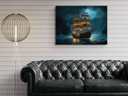 Pirate Ship at Night Canvas Art, Glowing Sails Ocean Print, Dark Nautical Wall Decor, Moonlit Maritime Painting, Sailing Ship Artwork