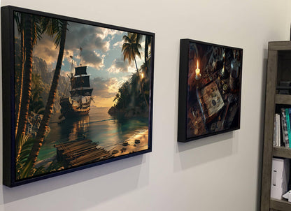 Pirate Hidden Cove Canvas, Tropical Island Hideout Print, Sunset Palm Beach Wall Decor, Secret Harbor Paradise Painting