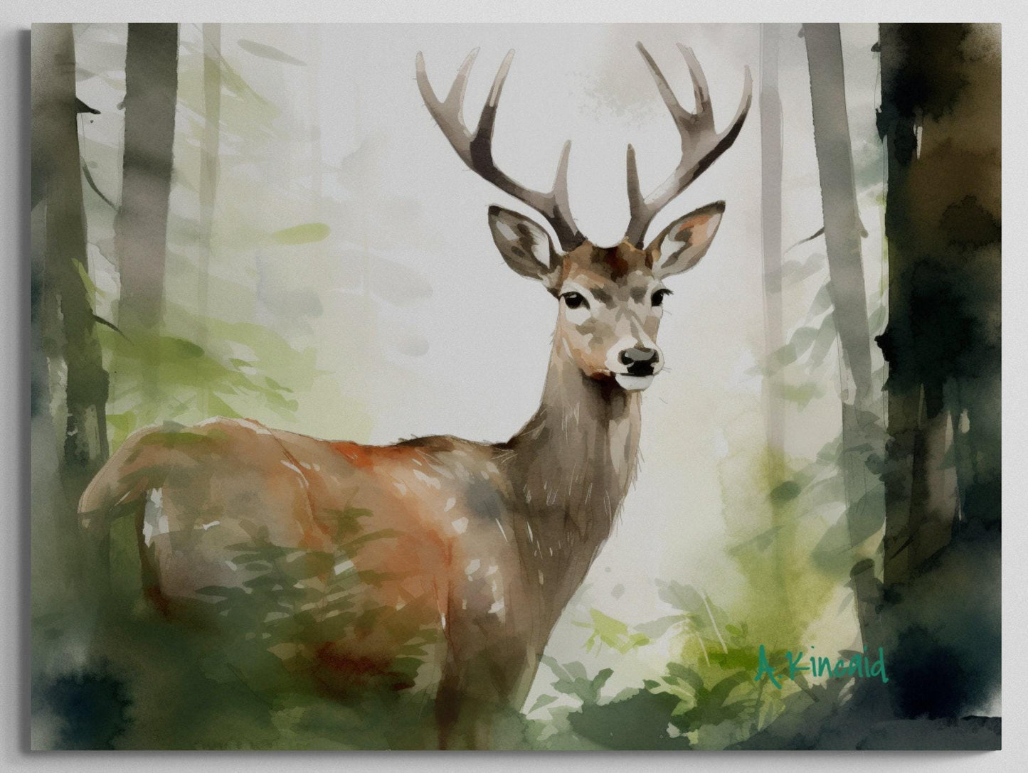 a painting of a deer in the woods