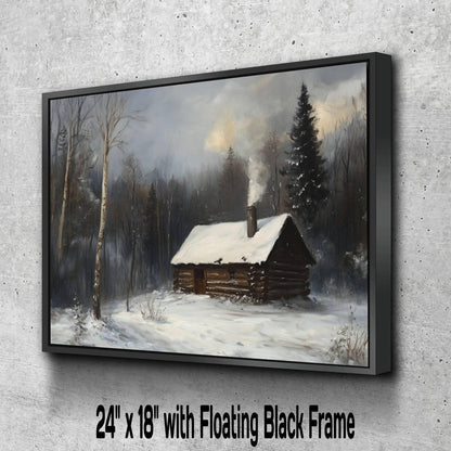 Winter Log Cabin Print | Snowy Forest Cottage Wall Art | Rustic Woodland Home Painting | Cozy Winter Retreat Scene | Country Cabin Decor