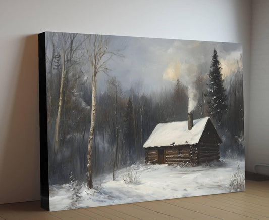 Winter Log Cabin Print | Snowy Forest Cottage Wall Art | Rustic Woodland Home Painting | Cozy Winter Retreat Scene | Country Cabin Decor