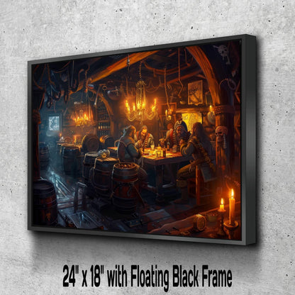 Pirate Tavern Interior Canvas, Rum Bar Scene Print, Nautical Pub Wall Decor, Golden Candlelight Maritime Painting, Seafarer Hideout