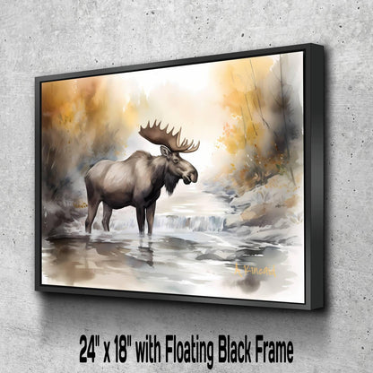 A moose standing in a river, surrounded by autumn foliage, in a black floating frame.
