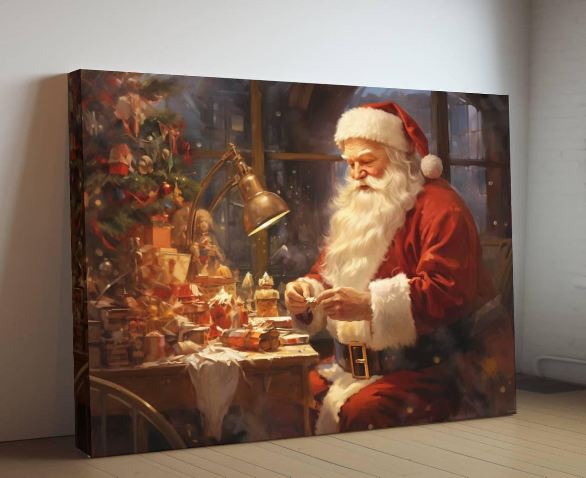 Enchantment in the Workshop - Santa Claus at Work, Festive Christmas Oil Painting, Holiday Wall Decor, Vintage Santa Art Canvas Print