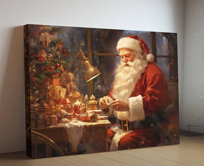 Enchantment in the Workshop - Santa Claus at Work, Festive Christmas Oil Painting, Holiday Wall Decor, Vintage Santa Art Canvas Print