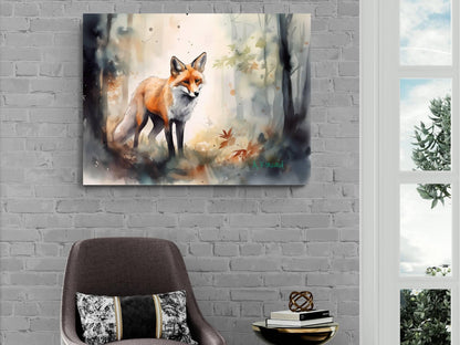 a painting of a fox in a forest setting, hanging on a brick wall above a brown armchair.