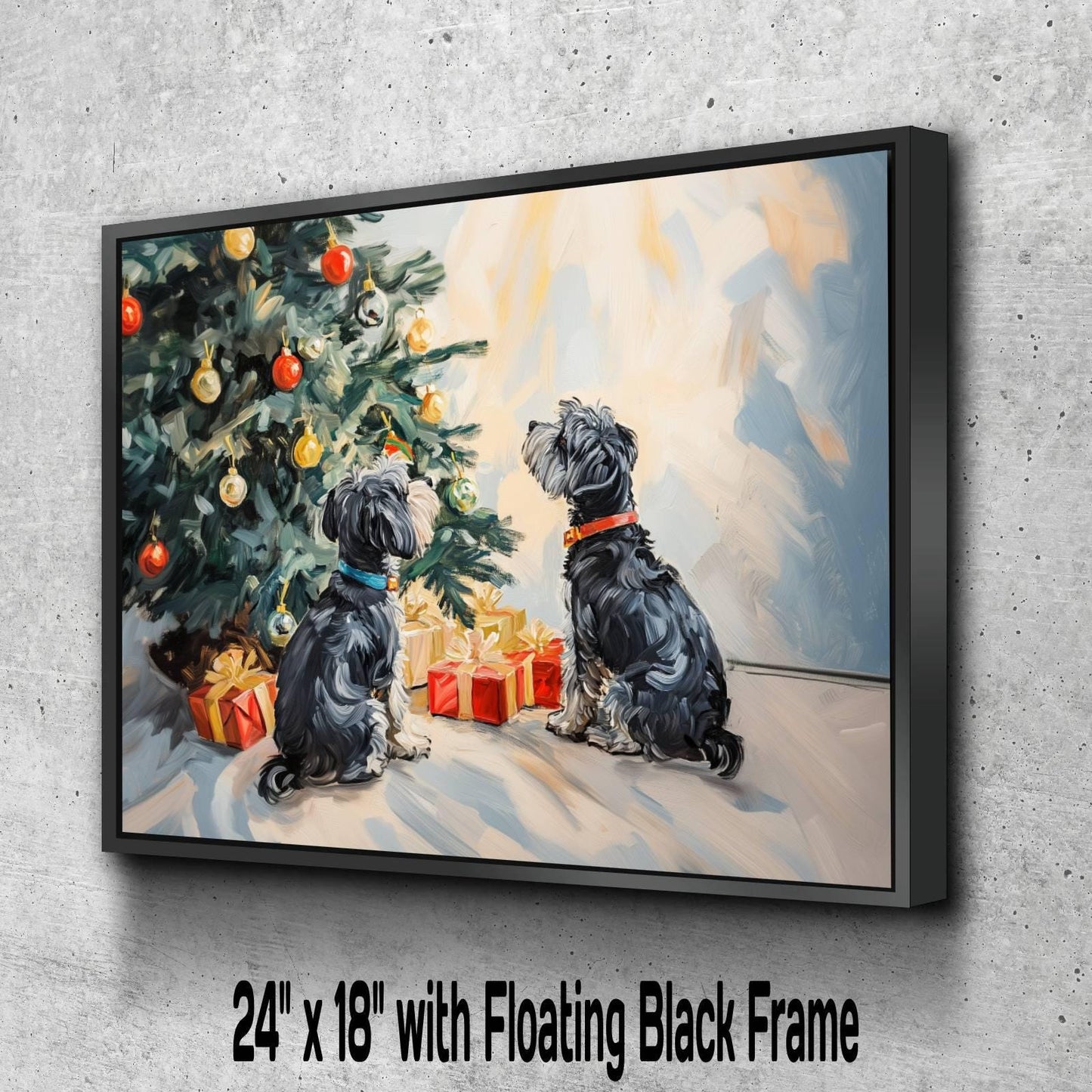Christmas Dogs Art Print | Schnauzer Holiday Wall Decor | Puppies Under Tree Ornaments | Xmas Pets Gift Painting | Festive Animal Scene