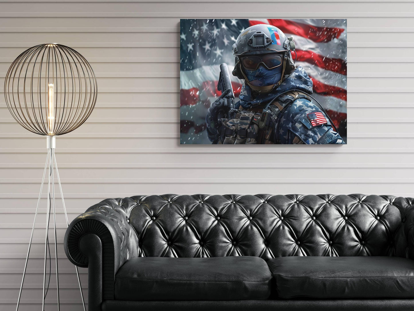 a black leather couch in a living room setting, with a large American flag displayed on the wall above it.