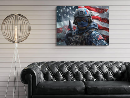 a black leather couch in a living room setting, with a large American flag displayed on the wall above it.