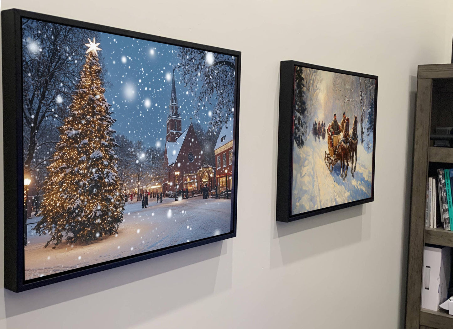 Christmas Tree Town Square Print | Snowy Church Holiday Wall Art | Festive Winter Village Scene | Xmas Lights Snow Painting | Holiday Decor