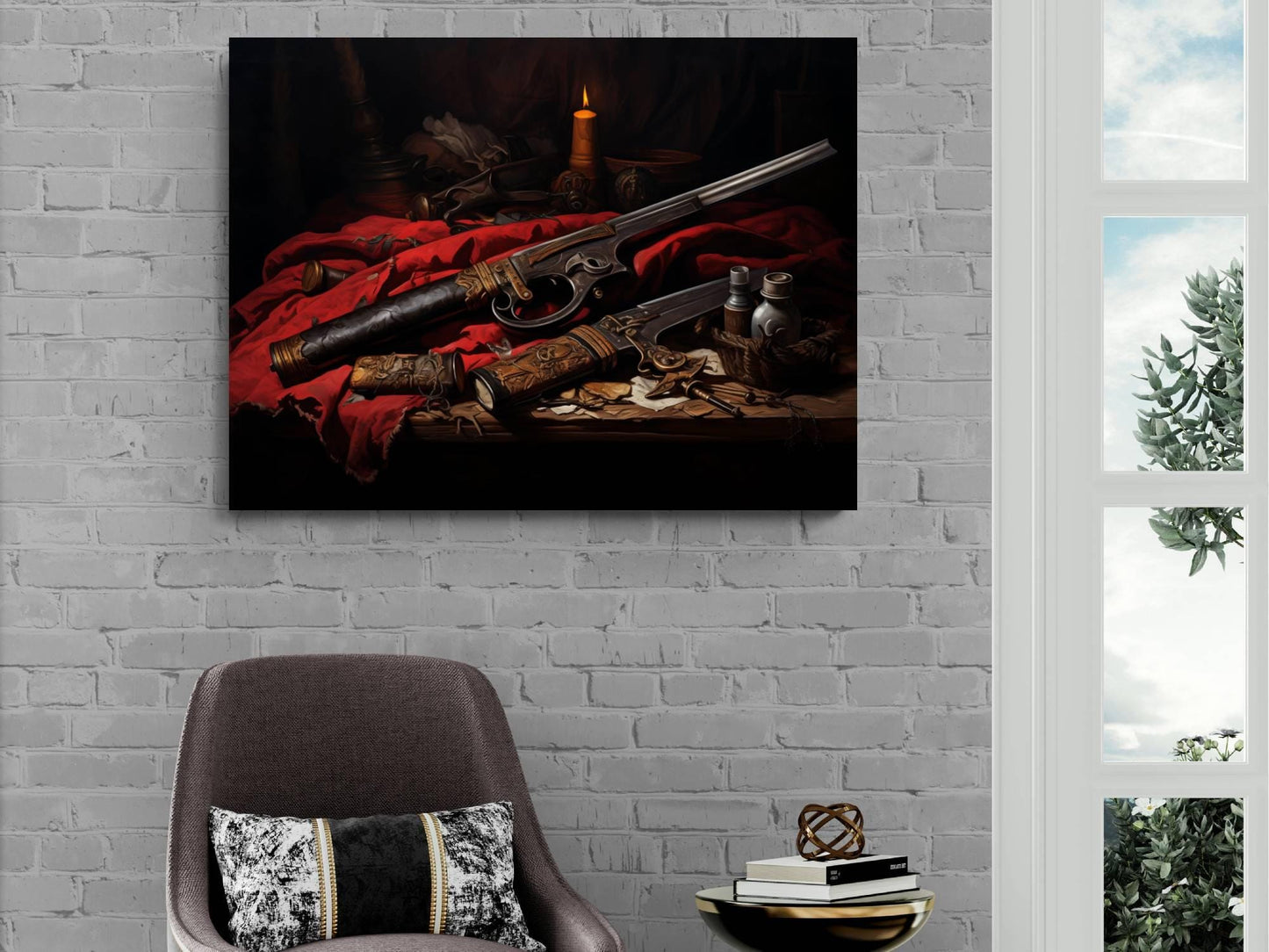 Pirate Weapons Canvas Art, Flintlock Pistol Dagger Print, Vintage Nautical Wall Decor, Gothic Maritime Painting, Antique Arms Artwork Decor