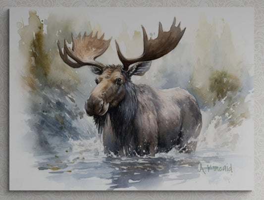 a painting of a moose in the water