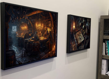 Pirate Tavern Interior Canvas, Rum Bar Scene Print, Nautical Pub Wall Decor, Golden Candlelight Maritime Painting, Seafarer Hideout