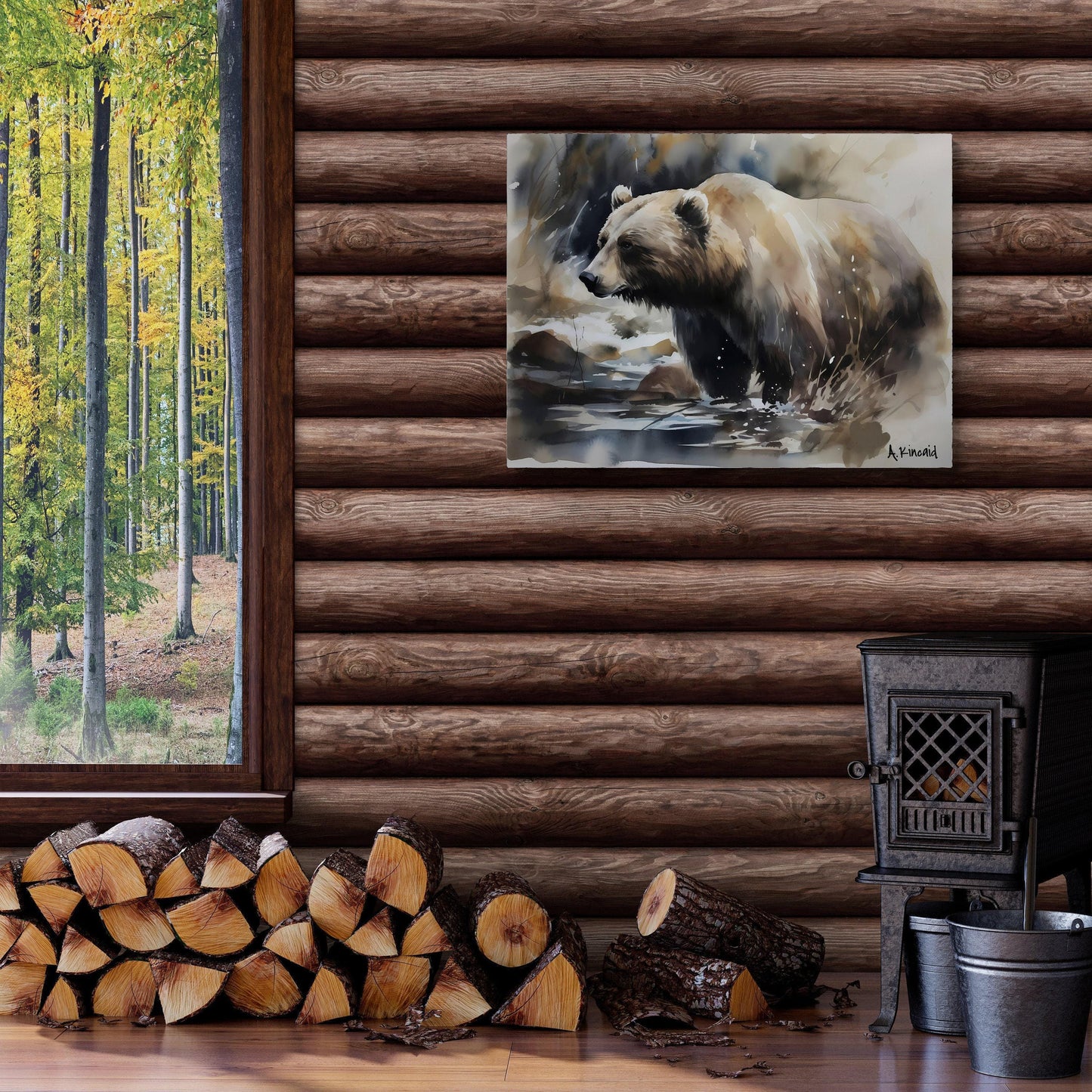 Grizzly Bear in Serene Stream | Brown Bear Watercolor Forest Series | Canvas Print | Wildlife Art | Cabin Art | Archer Kincaid