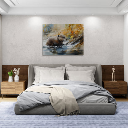 Beaver in Stream | Watercolor Forest Series | Canvas Print | Wildlife Art | Cabin Art | Archer Kincaid