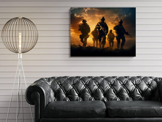 a black leather couch in a living room setting, with a large framed artwork depicting a group of soldiers in the background.