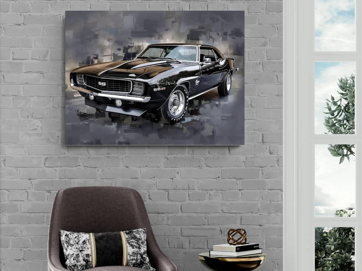 1969 Chevrolet Camaro RS/SS Canvas Print | Vintage Auto Wall Art Decor | Black Retro Muscle Car | Car Lovers Poster Gift