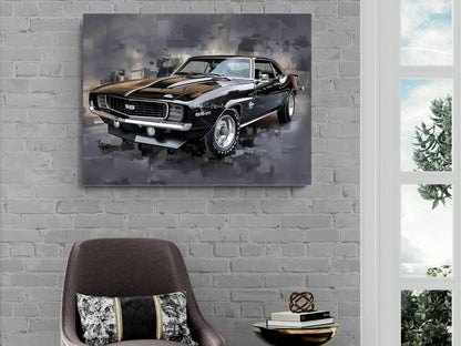 1969 Chevrolet Camaro RS/SS Canvas Print | Vintage Auto Wall Art Decor | Black Retro Muscle Car | Car Lovers Poster Gift
