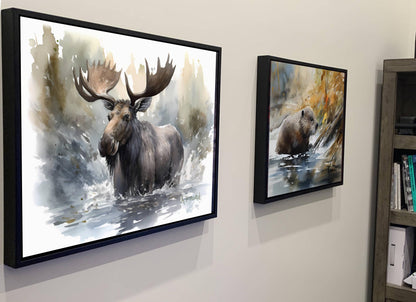 two framed paintings of moose and bears hanging on a wall.