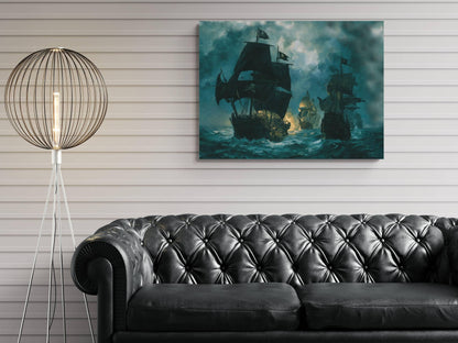 Pirate Naval Battle Canvas, Sea Warfare Ships Print, Jolly Roger Fleet Wall Decor, Burning Vessels Teal Ocean Painting