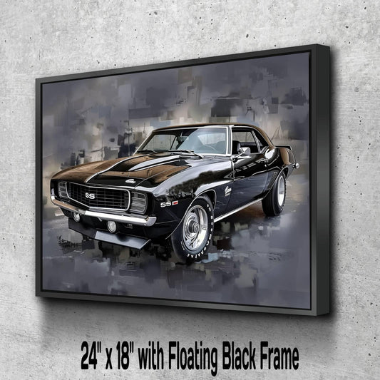 1969 Chevrolet Camaro RS/SS Canvas Print | Vintage Auto Wall Art Decor | Black Retro Muscle Car | Car Lovers Poster Gift