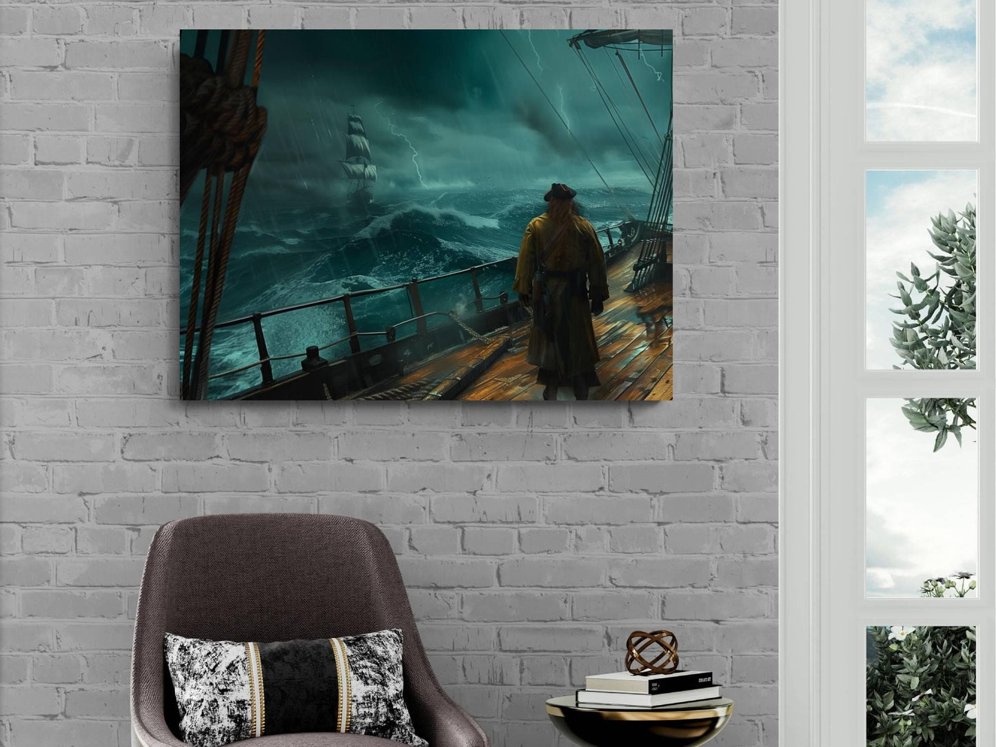 Pirate Captain Storm Deck Canvas, Lightning Ocean Print, Ship Battle Watch Wall Decor, Dramatic Maritime Tempest Painting