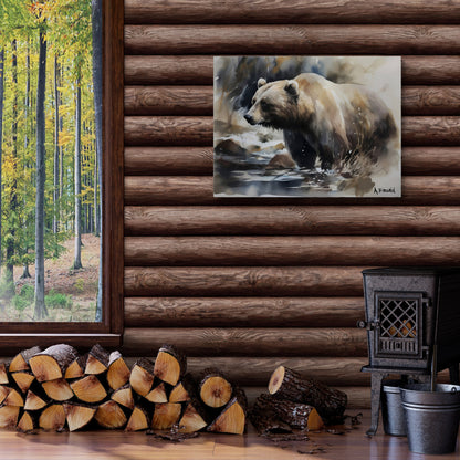Grizzly Bear in Serene Stream | Brown Bear Watercolor Forest Series | Canvas Print | Wildlife Art | Cabin Art | Archer Kincaid