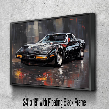 1987 Chevrolet Corvette Convertible Canvas Print | Auto Wall Art Decor | Retro Sports Car | Car Lovers Poster Gift | C4 Black Vette Mancave
