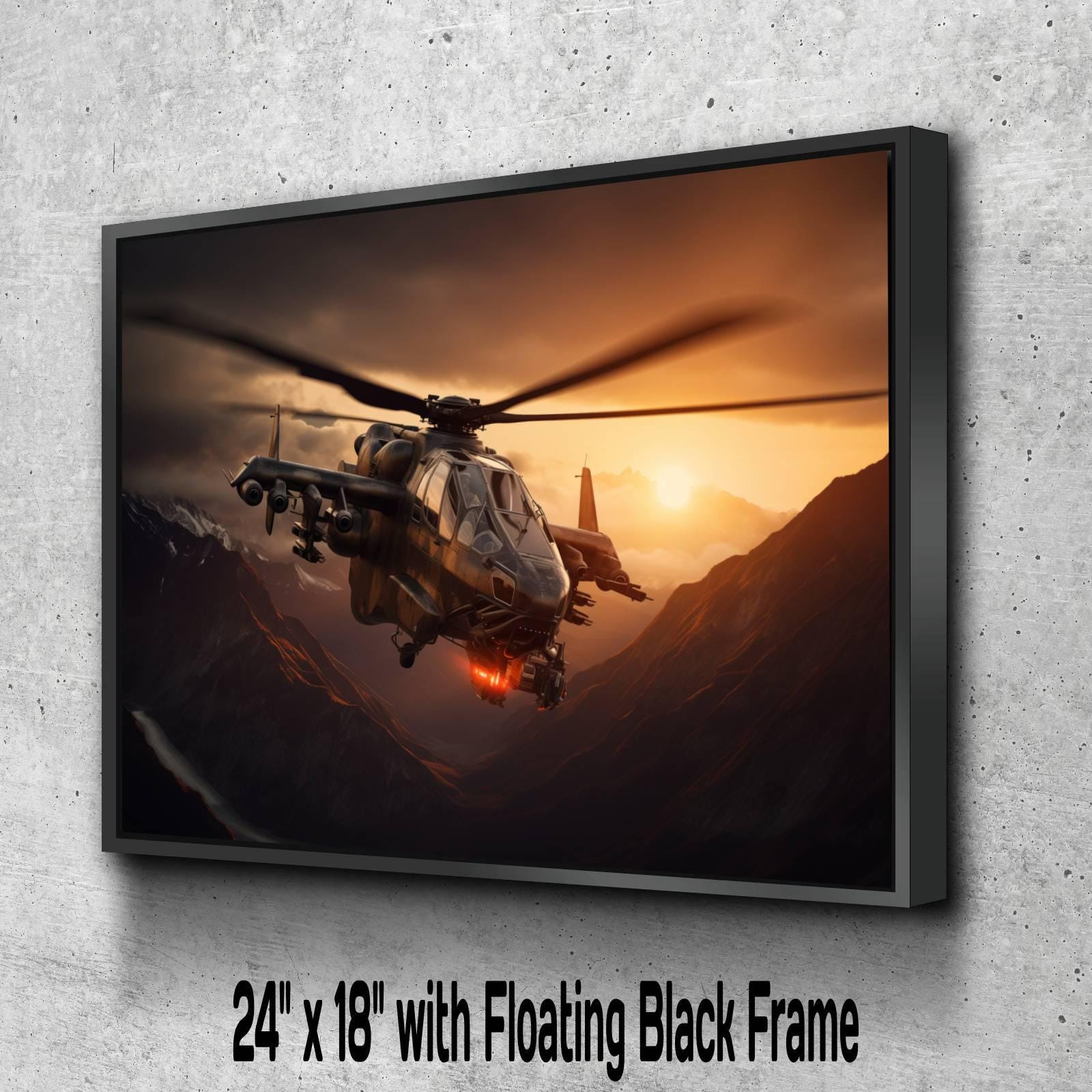 A helicopter flying over a mountainous landscape at sunset.