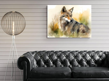 a black leather couch in a living room setting, with a painting of a wolf or coyote hanging on the wall above it.