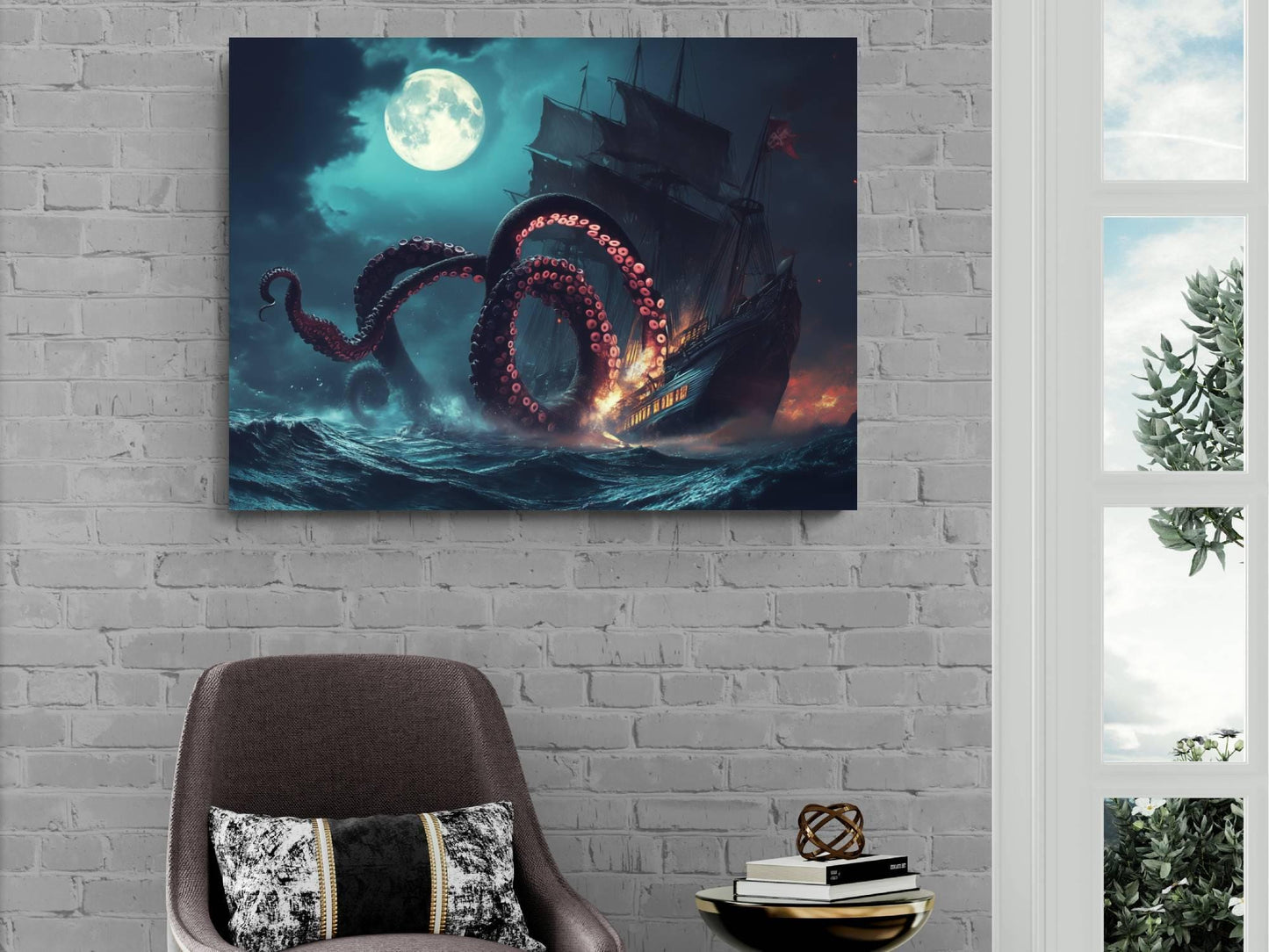 Kraken Attack Pirate Ship Canvas, Giant Octopus Tentacles Print, Fantasy Nautical Wall Decor, Moonlit Sea Monster Painting