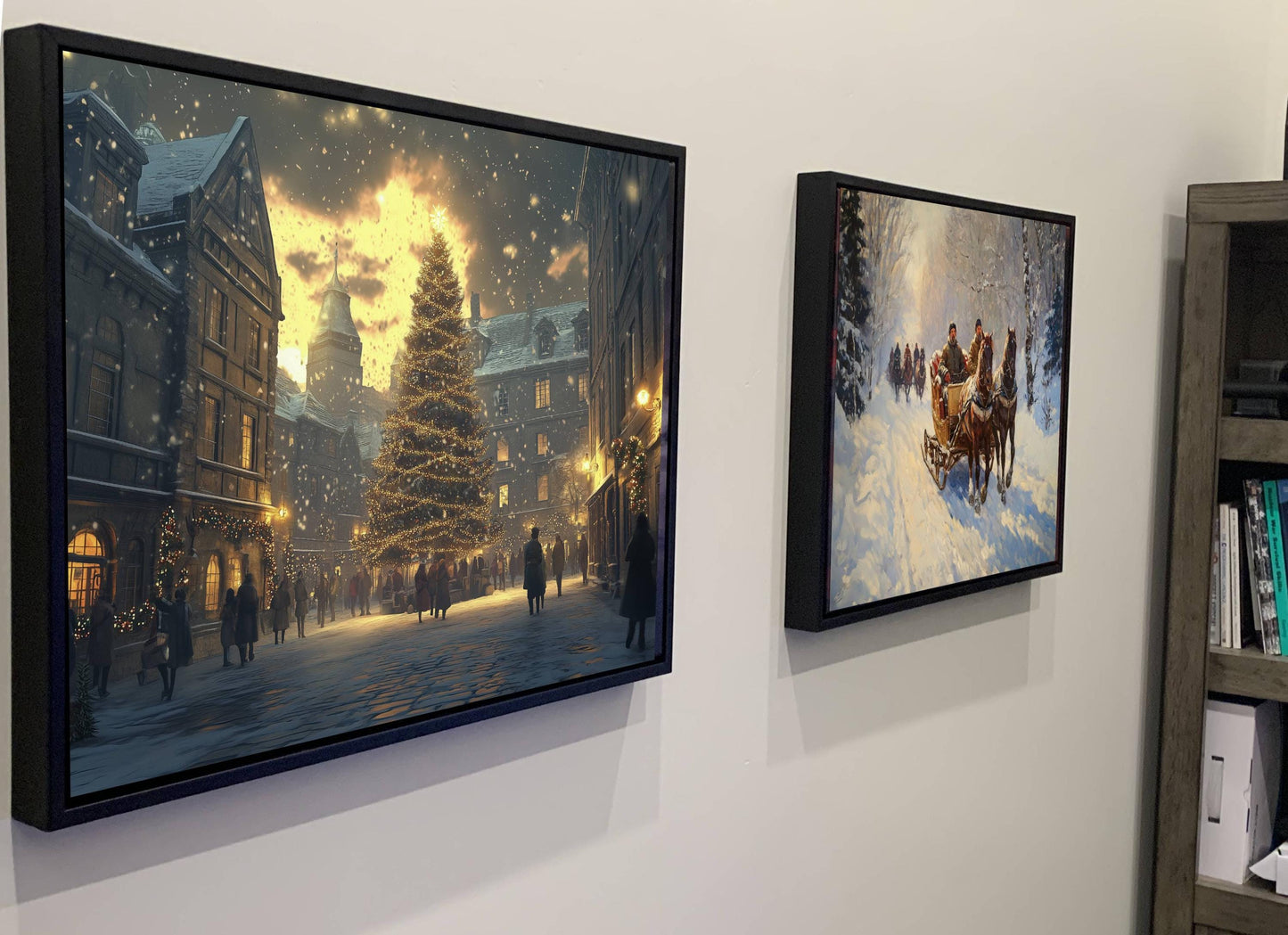 Christmas Town Square Print | Snowy Evening Tree Lights Wall Art | Holiday Market Scene Painting | Festive Winter Village |Xmas Street Decor