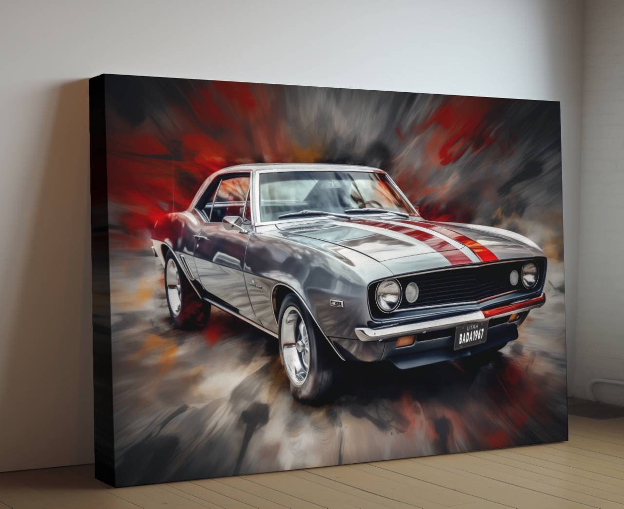 1967 Chevrolet Camaro Silver and Red Canvas Print | Vintage Auto Wall Art Decor | Retro Muscle Car | Car Lovers Poster Gift