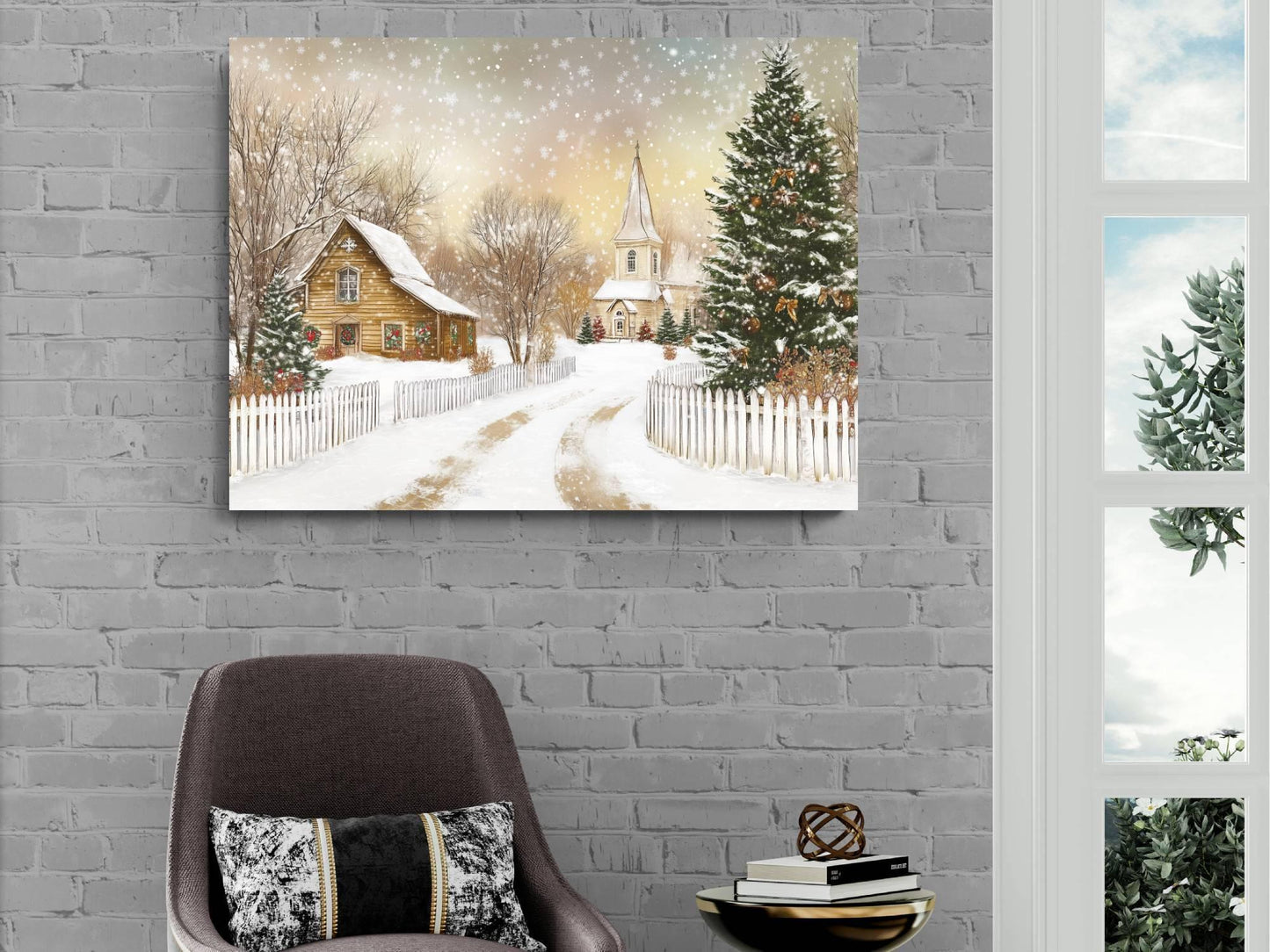 Snowy Christmas Village Print | Winter Church Scene Wall Art | Holiday Cottage Decor | Festive Snow Landscape | Xmas Tree Home Decor