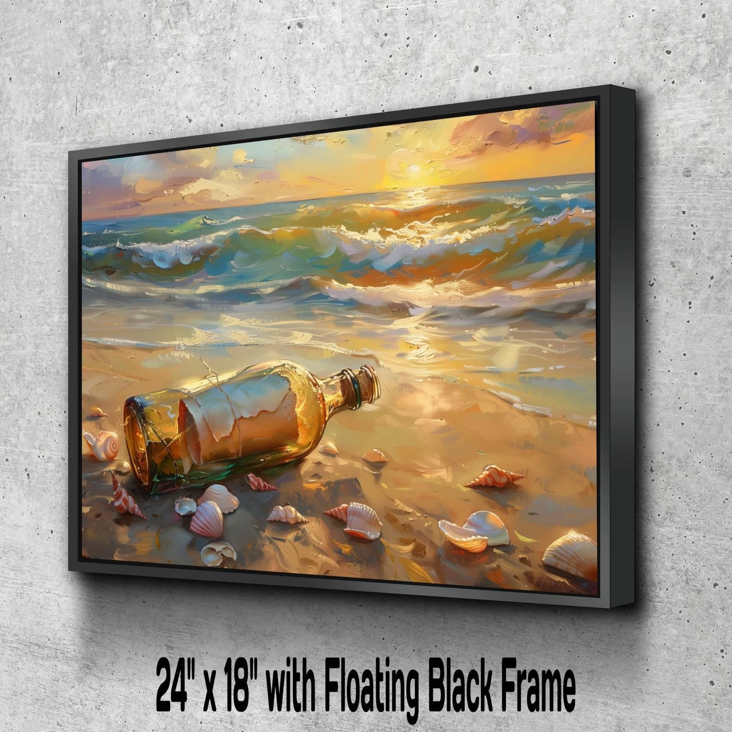 Message in Bottle Canvas, Pirate Beach Sunset Print, Romantic Ocean Wall Decor, Seashell Shore Oil Painting Style, Maritime Mystery