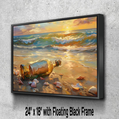 Message in Bottle Canvas, Pirate Beach Sunset Print, Romantic Ocean Wall Decor, Seashell Shore Oil Painting Style, Maritime Mystery
