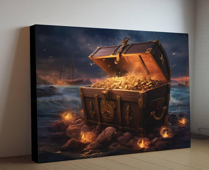 Pirate Treasure Chest Canvas Art, Gold Coins Beach Print, Nautical Adventure Wall Decor, Maritime Wealth Painting, Sunset Ocean Art