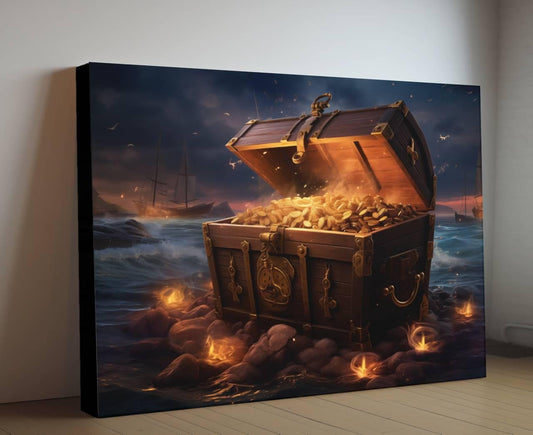 Pirate Treasure Chest Canvas Art, Gold Coins Beach Print, Nautical Adventure Wall Decor, Maritime Wealth Painting, Sunset Ocean Art
