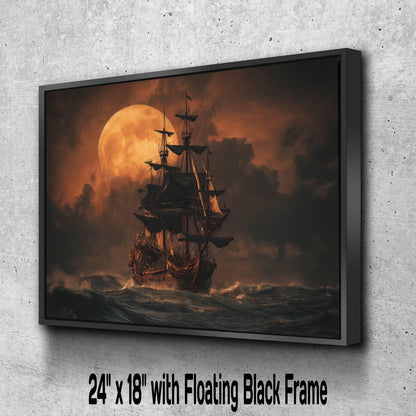 Pirate Ship Full Moon Canvas, Orange Sunset Nautical Print, Gothic Maritime Wall Decor, Stormy Ocean Sailing Artwork