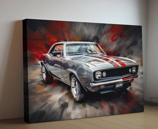 1967 Chevrolet Camaro Silver and Red Canvas Print | Vintage Auto Wall Art Decor | Retro Muscle Car | Car Lovers Poster Gift