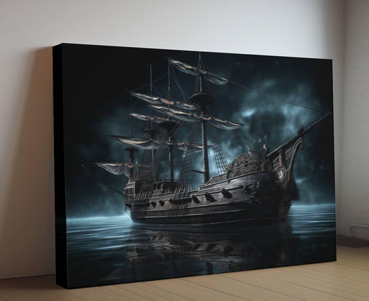 Pirate Ship Canvas Wall Art, Dark Gothic Nautical Painting, Vintage Sailing Ocean Print, Moody Maritime Home Decor, Galleon Art